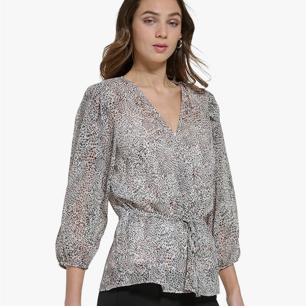 DKNY Tie Waist Bubble Sleeve Animal Print Chiffon Blouse Size Small